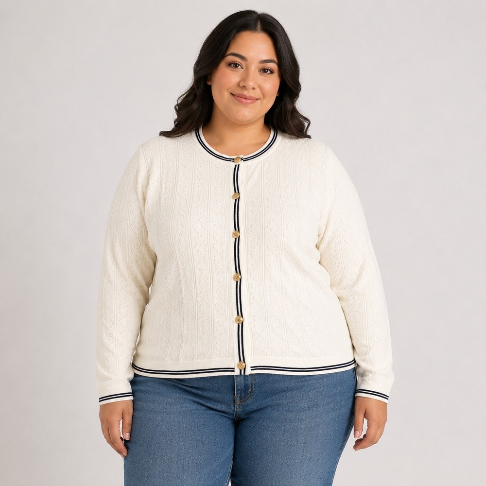 Adrianna Papell Women 1X White Pointelle Knit Cardigan Gold Buttons Nautical